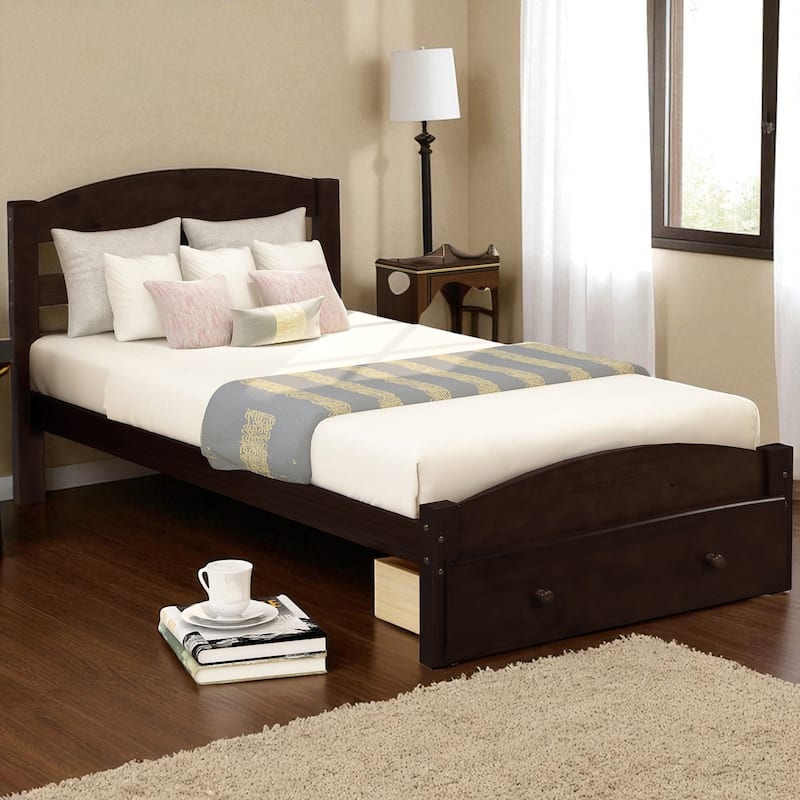 Twin Bed Frame with Storage Drawer, Wood Slats and No Box Spring Required - Espresso - Twin
