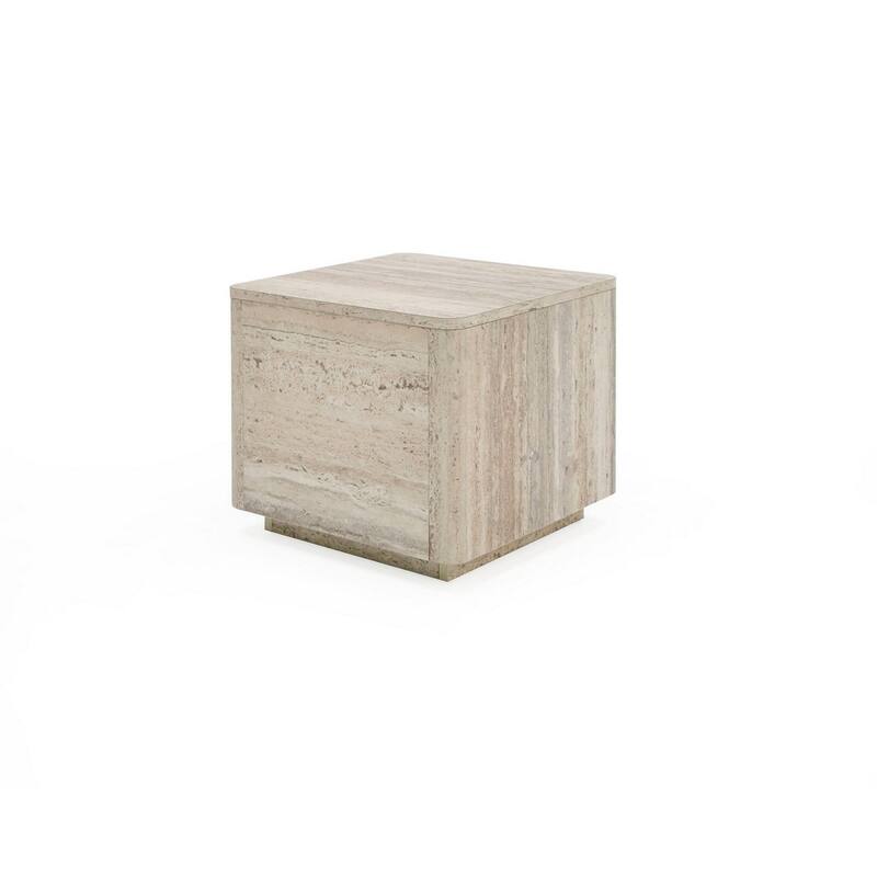 Lia 20 Inch End Table, Square Travertine Stone Finish Laminated Top