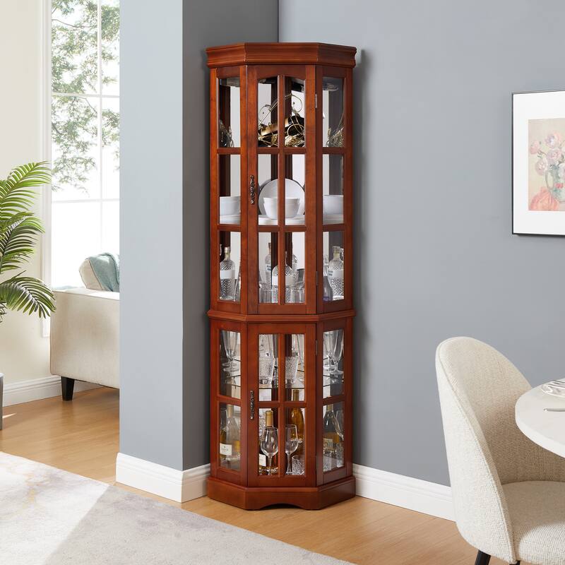 Lighted Curio Display Cabinet, China Cabinet with Tempered Glass Doors & Adjustable Shelves, Freestanding Glass Display Case