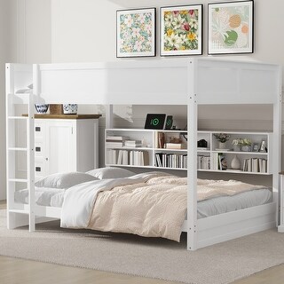 Queen over Queen Size Solid Wood Bunk Bed with Storage Cabinets and USB Ports