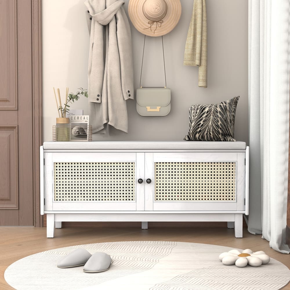 Roomfitters Entryway Storage Bench, Boho Rattan Cabinet, Hallway Organizer Seat with Cushion
