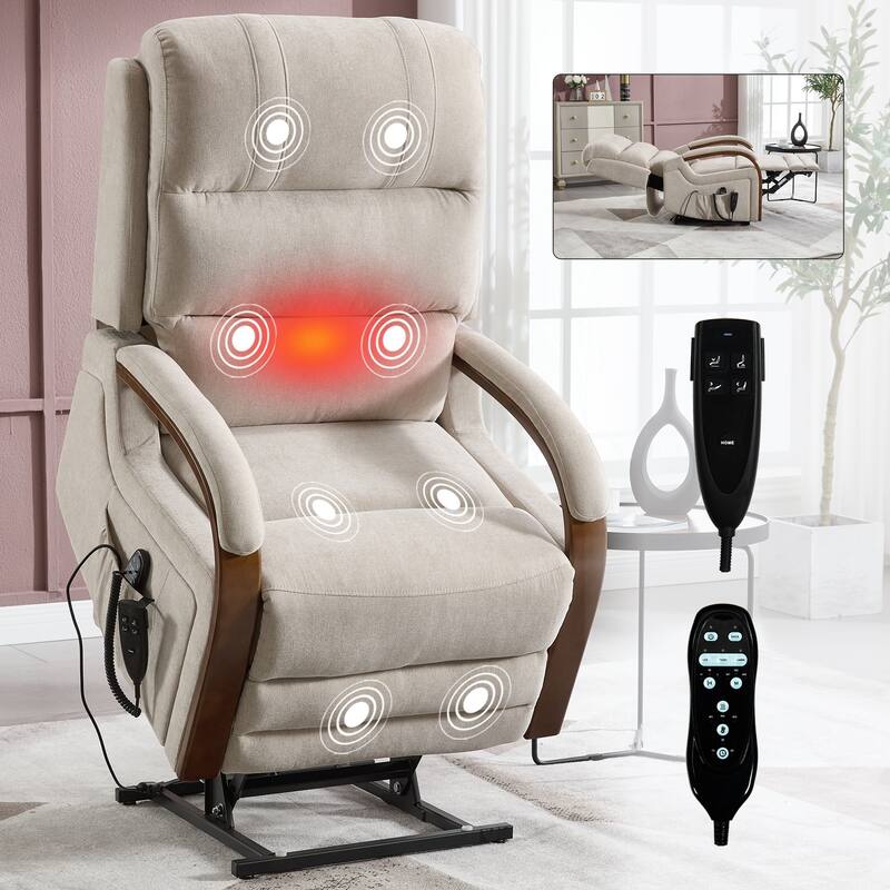 Roomfitters Dual Motor Power Lift Recliner, Infinite Position Massage Chair with Solid Wood Armrests, Chenille - Light Beige