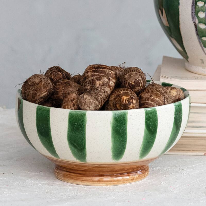 Hand-Painted Stoneware Footed Bowl with Stripes - 10.4"L x 10.4"W x 4.9"H - 10.4"L x 10.4"W x 4.9"H