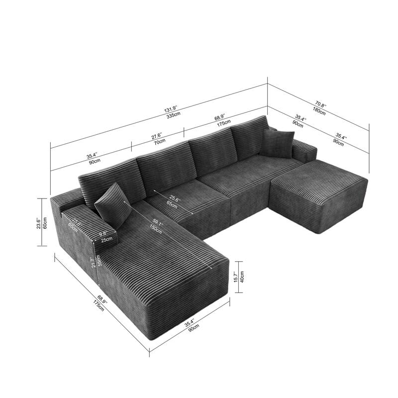 Roomfitters 131.9" Modular Sectional Sofa, 4-Piece Compressed Cloud Couch, No Assembly Required, Plush Corduroy, Grey