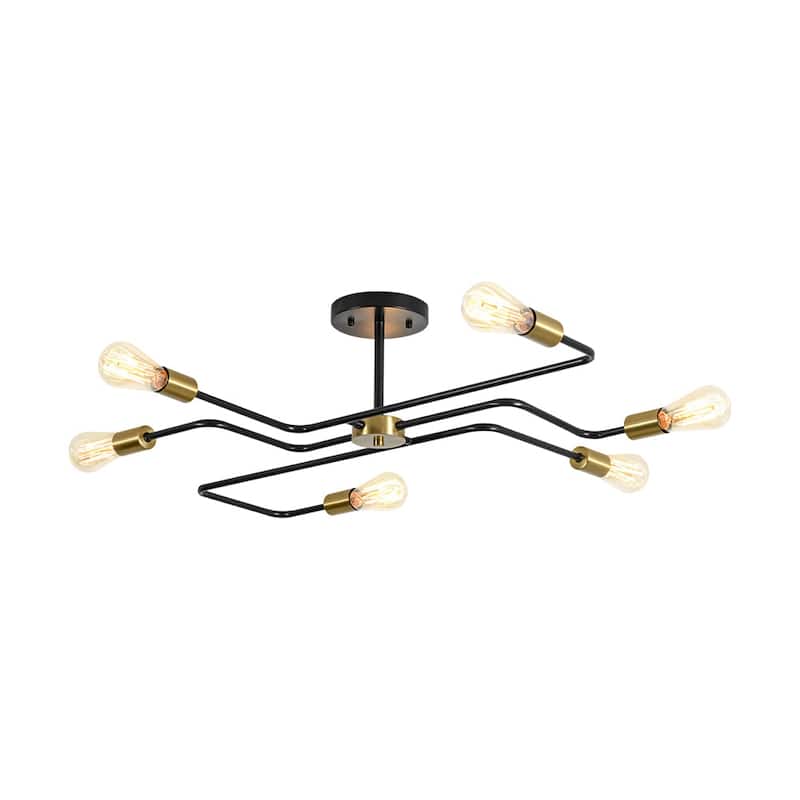 6-Light Industrial Black Brass Sputnik Semi Flush Mount Ceiling Light - 36.6 Inches
