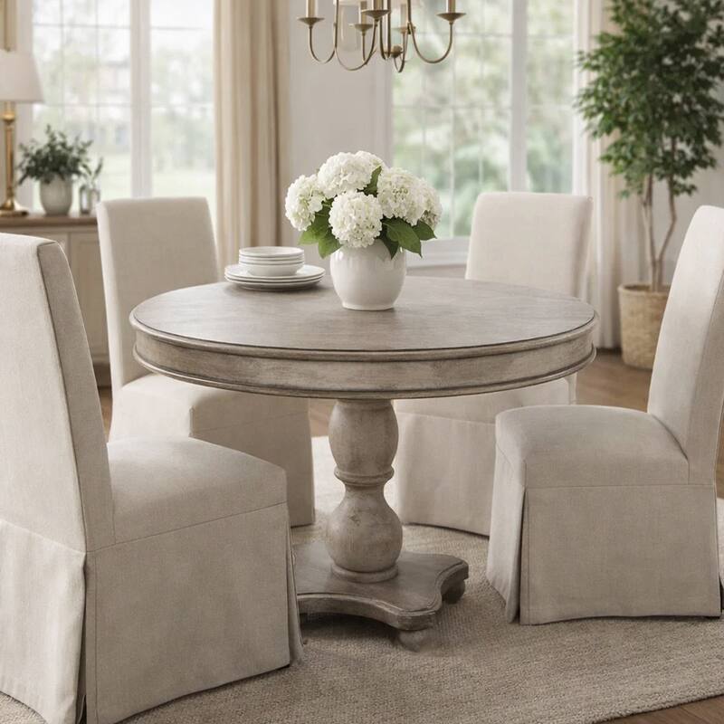 42 Inch Handcrafted Mango Wood Dining Table, Pedestal Base, Round Molded Top, Washed White, Gray