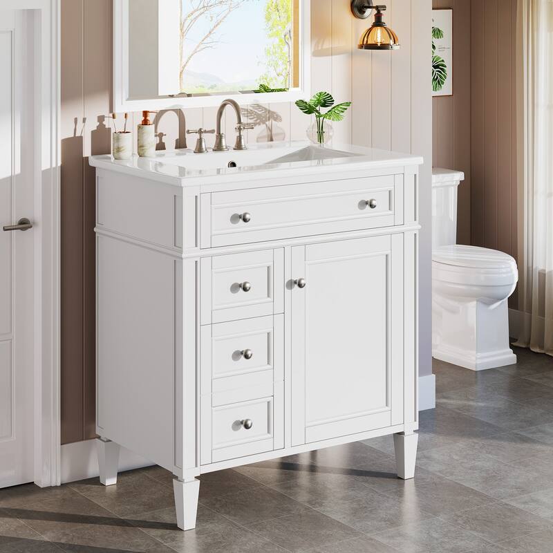 36" Bathroom Vanity with Sink, Modern Bathroom Sink Cabinet with 4 Drawers & 2 Doors, Solid Wood Frame