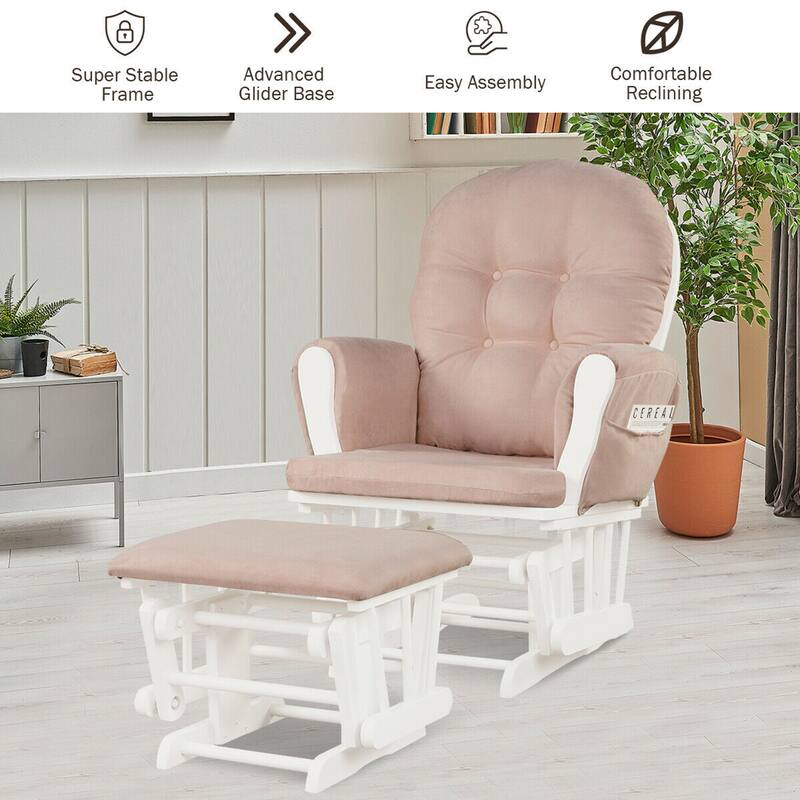 Gymax Glider and Ottoman Cushion Set Wood Baby Nursery Rocking Chair