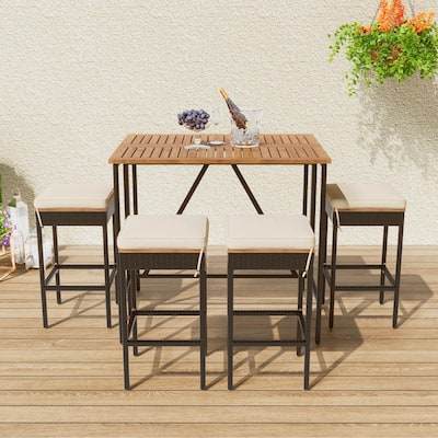 5-Piece Outdoor Bar Height Dining Set with Acacia Wood Table and 4 Stools