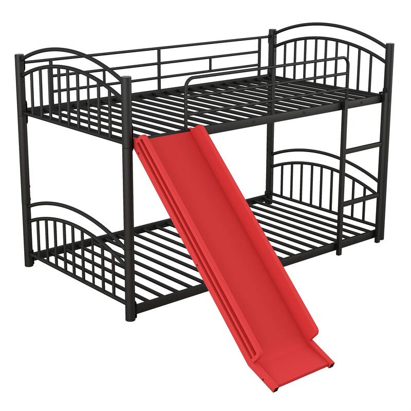 Twin over Twin Size Metal Bunk Bed With Slide, Roof, Fence and Ladder for Bedroom