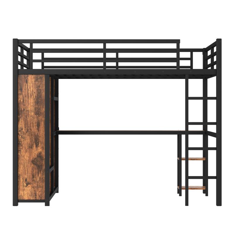 Queen Size Metal Loft Bed Frame with Built-in Wardrobe - Includes Study Desk and Storage Shelves