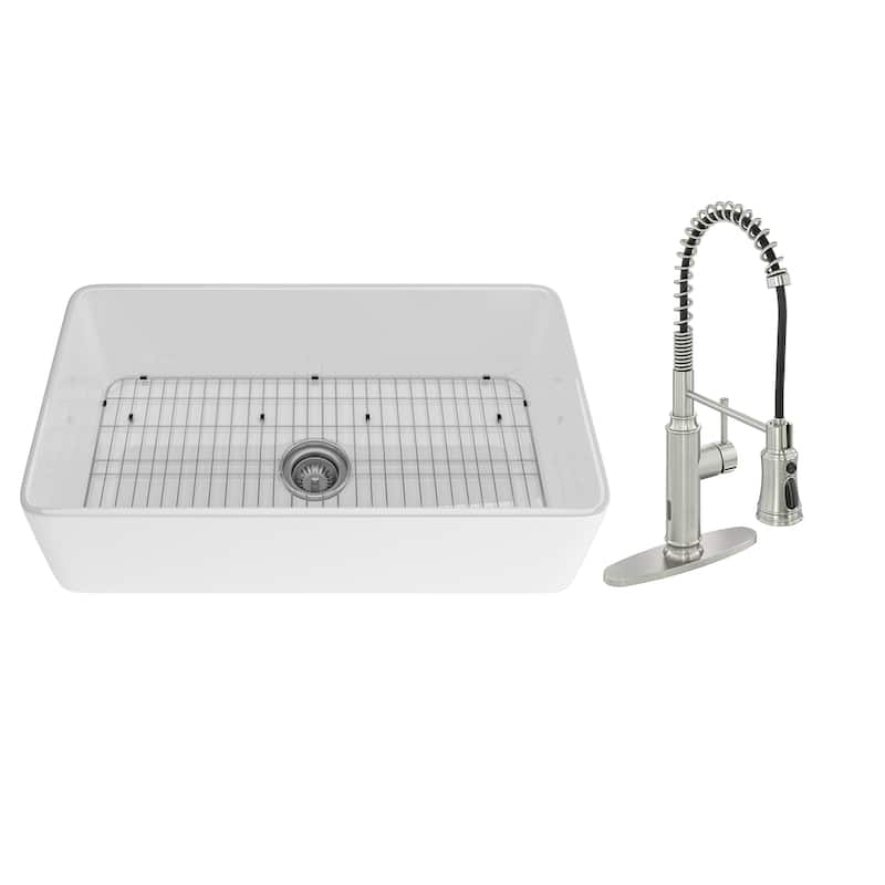 All-in-One Kit Fireclay Single Bowl Farmhouse/Apron-Front Kitchen Sink with Pull Down Sprayer Kitchen Faucet and Accessories
