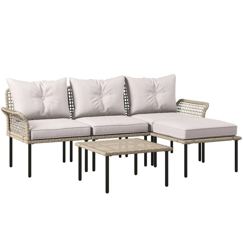 5PCS PE Rattan Patio Set, Sofa Chaise Coffee Table, White Weatherproof