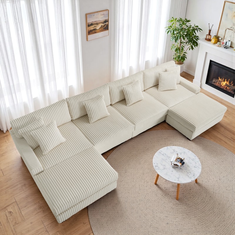 Anne 150" W Upholstered Plush Corduroy Modular Sectional Sofa