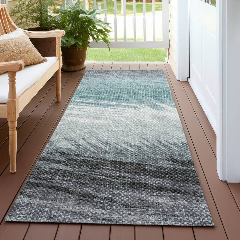 Machine Washable Indoor/ OutdoorAbstract Brushstrokes Chantille Rug - Teal - 2'3" x 7'6"