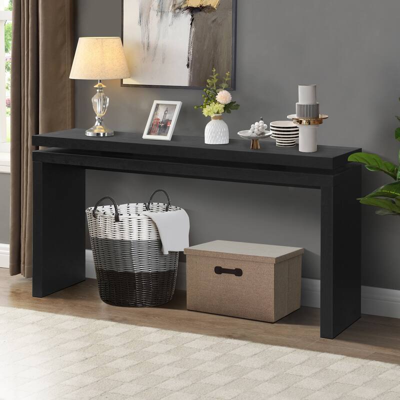 Roomfitters 60" Farmhouse Console Table, Double Board Suspension Entryway Table with Solid Wood - Black