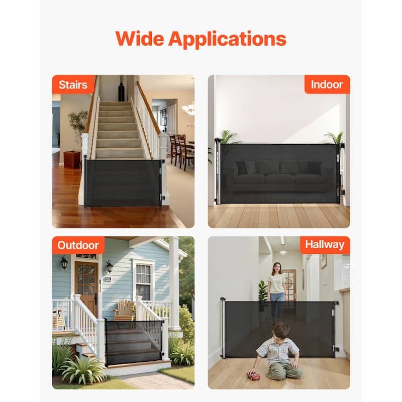 Retractable Baby Gate with Escape-Proof Bottom Hook and Mesh Design for Kids and Pets Safety