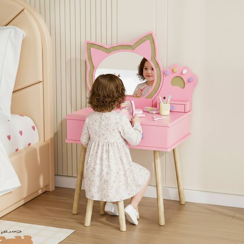 Kids Cat Mirror Vanity Makeup Dressing Table With 7 Pretend Play Accessories - N/A