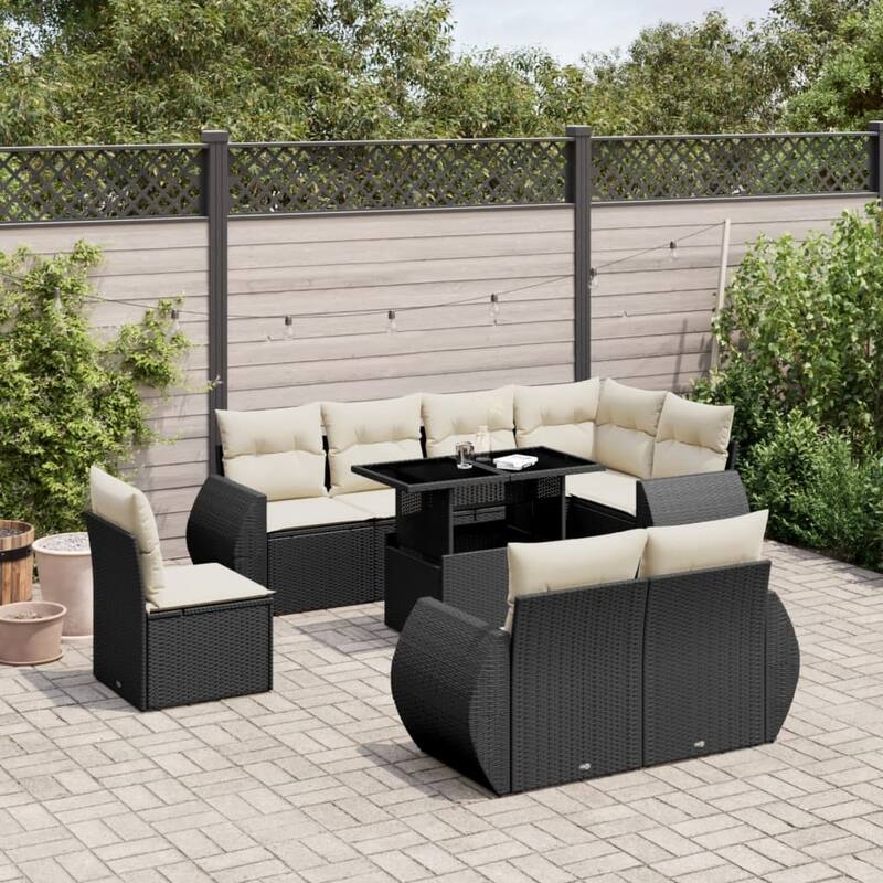 vidaXL Patio Sofa Set with Cushions Outdoor Furniture 9 Piece Poly Rattan - Black and Cream-without storage - 21.7 x 39.4 x 28.7