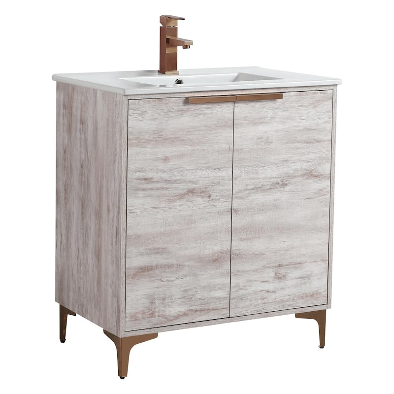 Fine Fixtures Wilmington Bathroom Vanity with White Ceramic Sink. - 30 Inch - Rustic White - Rose Gold Hardware