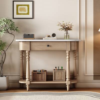 36" Console Table with Drawer, Bottom Shelf & Carved Legs