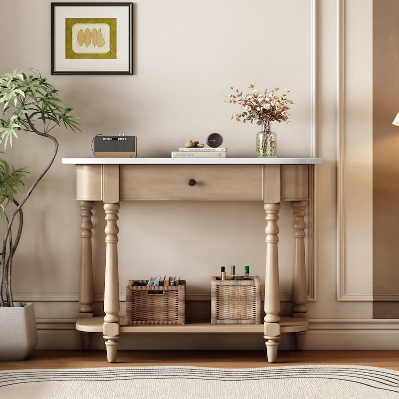 Narrow Console Table with Curved Corner, Solid Pine Wood Entryway Table, 36" Living Room Sofa Table with Drawer and Open Shelf