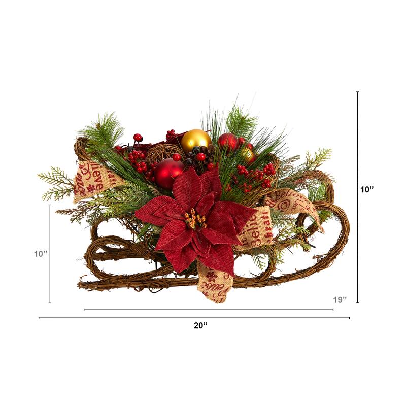 18” Sleigh with Poinsettia and Berries Christmas Artificial Floral Arrangement