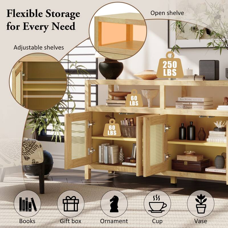 Rattan 4 Door Sideboard Cabinet, Large Wood Storage Cabinet, Console Table with Adjustable Shelves for Living & Dining Rooms