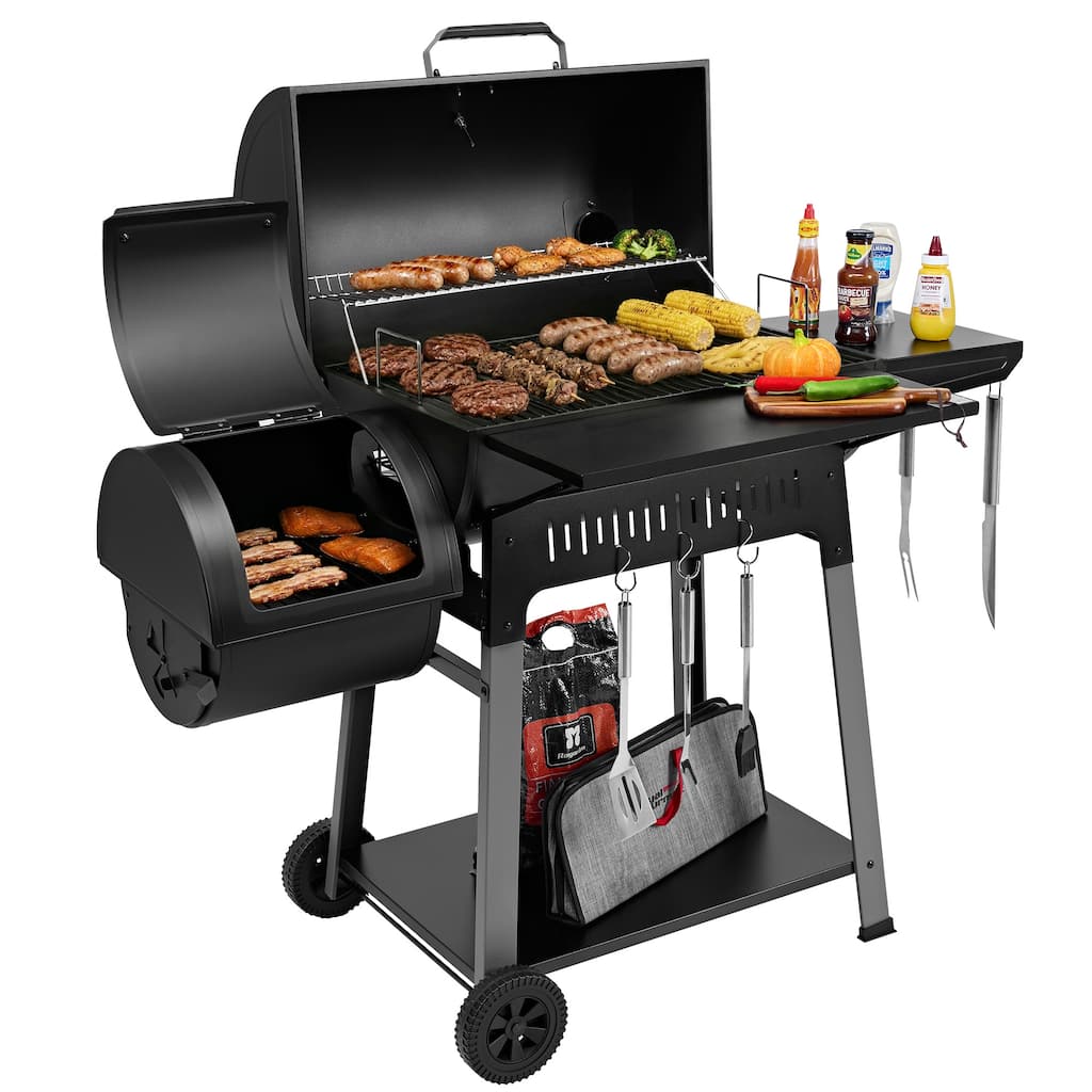 Royal Gourmet CC1831S Barrel Charcoal Grill with Offset Smoker, Side Shelf with Hooks, 824 Sq. In. Cooking Area