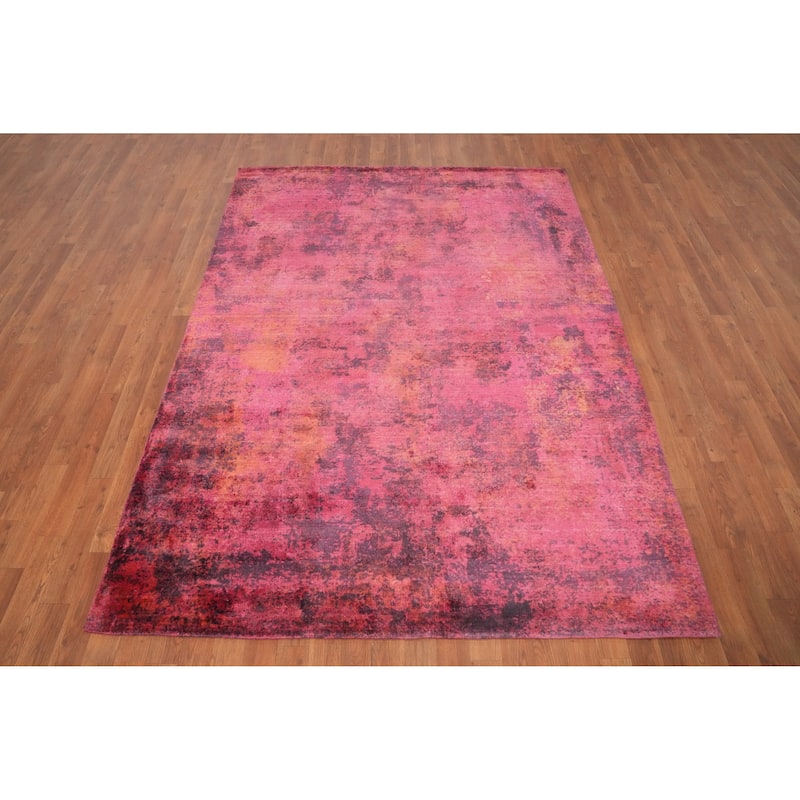 Hand Knotted Oriental Viscose Silk Carpet Modern All-Over Pink Abstract Area Rug - 7' 9'' X 5' 7''