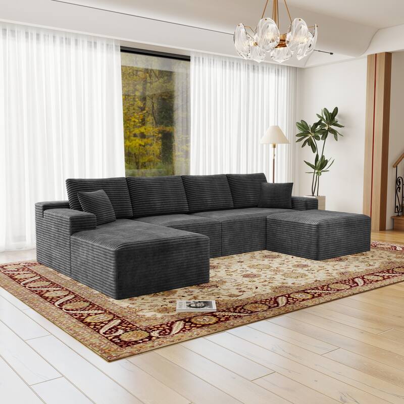 Roomfitters 131.9" Modular Sectional Sofa, 4-Piece Compressed Cloud Couch, No Assembly Required, Plush Corduroy, Grey
