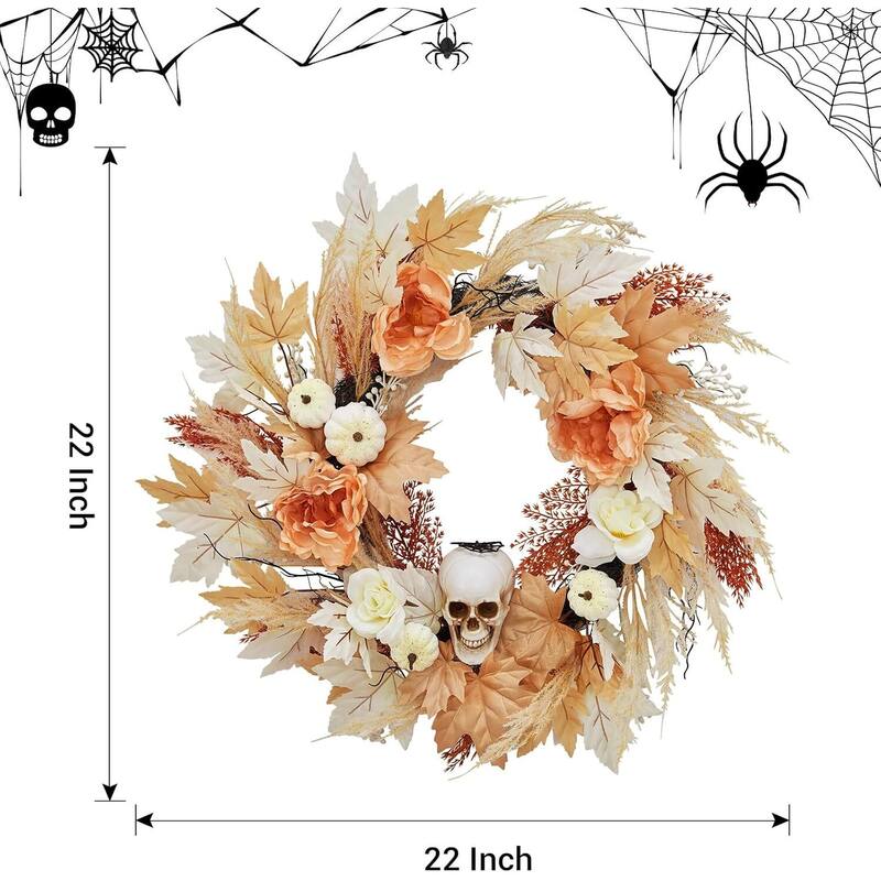 22 Inch Halloween Wreath with Lights White Pumpkins Roses