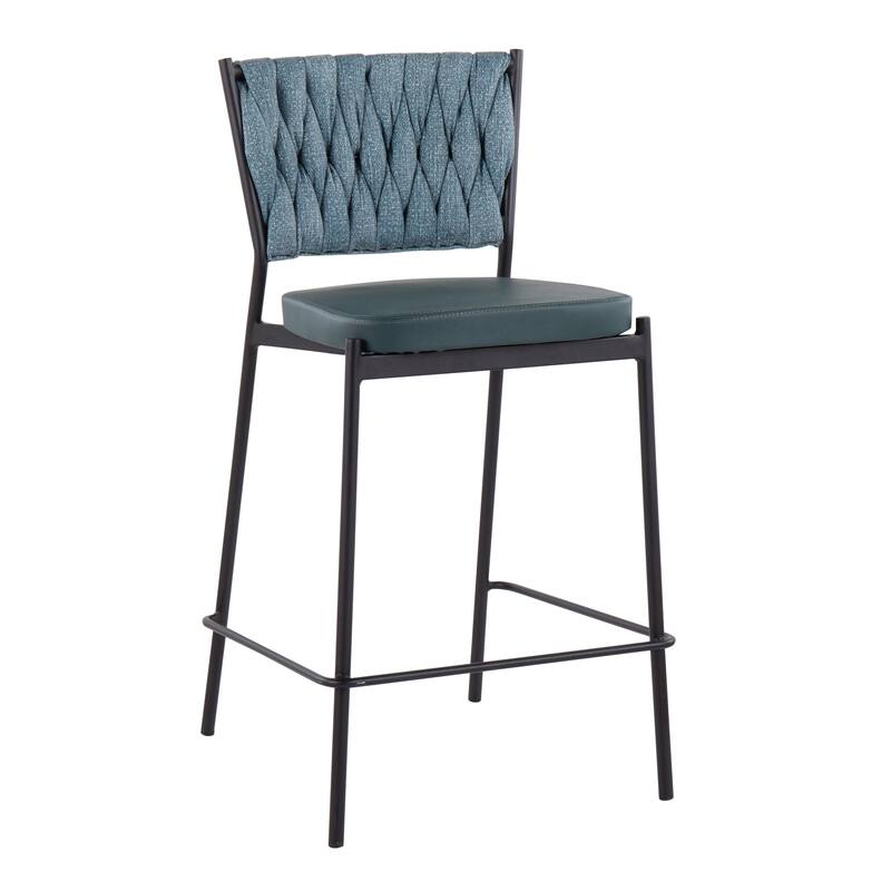 Porch & Den Randolf Braided Counter Stool - Set of 2 - Sea Green Fabric & Green Faux Leather