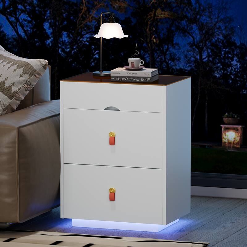 Nightstand with LED Lights & 3 Drawers, Side Table with Glass Top Jewelry Storage Compartments, Small Wood Accent Table