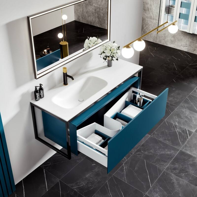Modena 51 in. Blue Wall Mount SS Bath Vanity with Solid Surface Top
