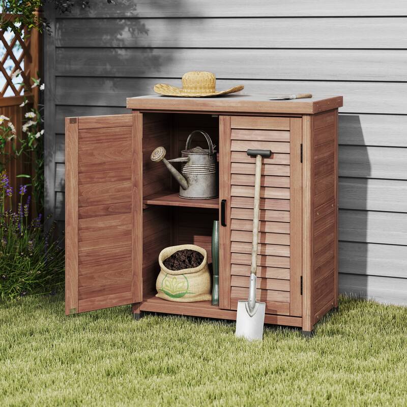GDF Studio - Outdoor Wooden Potting Bench with Metal Tabletop Workstation and Storage Cabinet