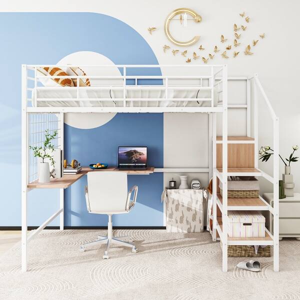 slide 2 of 2, White Space Saving Loft Storage Bed w/ Desk Underneath, Full Metal Platform Bed w/ Metal Grid, Lateral Storage Ladder, Wardrobe White - Full