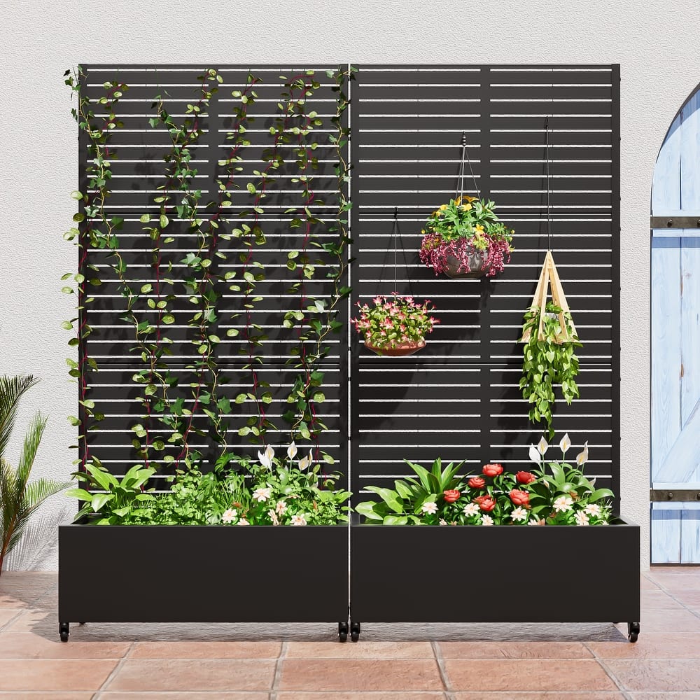 72 in. Metal Planter Box with Trellis Privacy Screen Planter Box with Lockable Wheels - 72"x35"