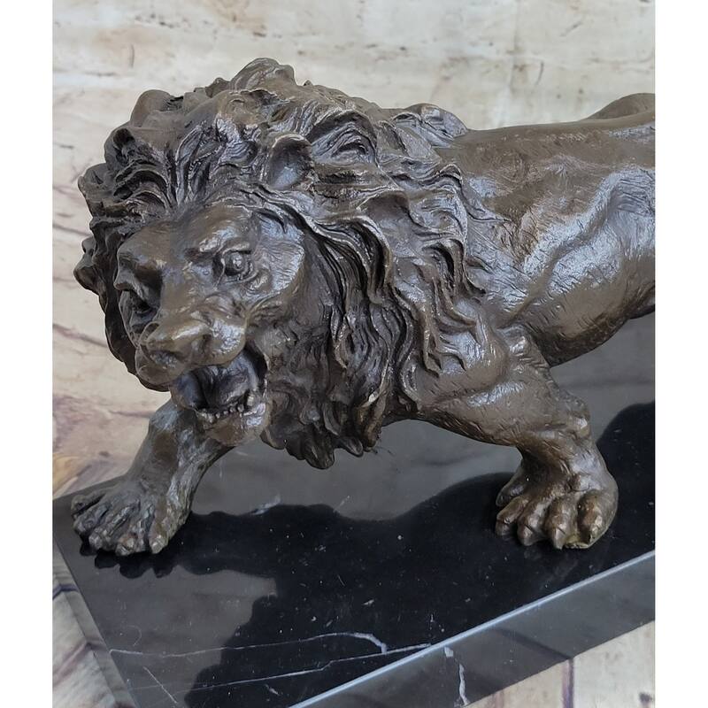 Bronze Sculpture Angry Hungry Male Lion Marble Base Figurine Art Deco Figure