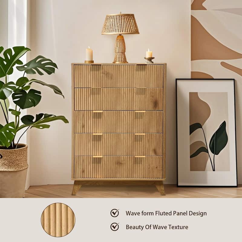 5 Drawer Fluted Dresser, 48" Tall Modern Wood Storage Chest