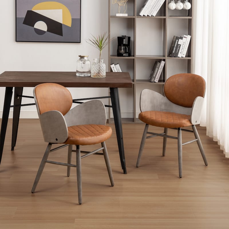 Art Leon Mid-century Modern Faux Leather and Wood Accent Dining Chair - Set of 2 - Brown and Grey Faux Leather