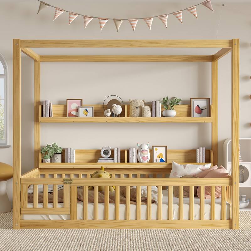 Montessori-Inspired Design Canopy Bed Kids Solid Wood Floor Bed Frame with Built-in Storage Shelves and Child-Safe Guardrails - Natural - Full