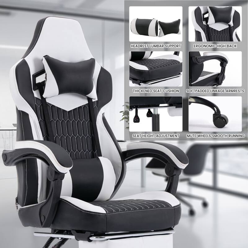 PVC Leather Gaming Chair with Footrest, Adjustable Headrest and Lumbar Support