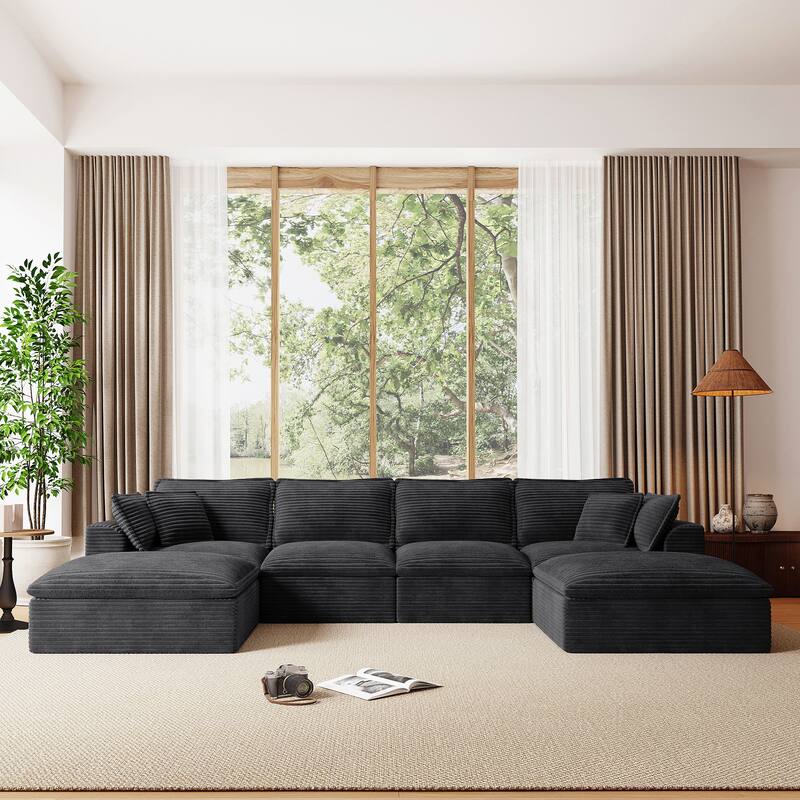 U Shaped Modular Sectional Sofa with Ottomans, Oversized Corduroy Upholstered Cloud Sofa, Fully Compressed 6 Seat Sofa