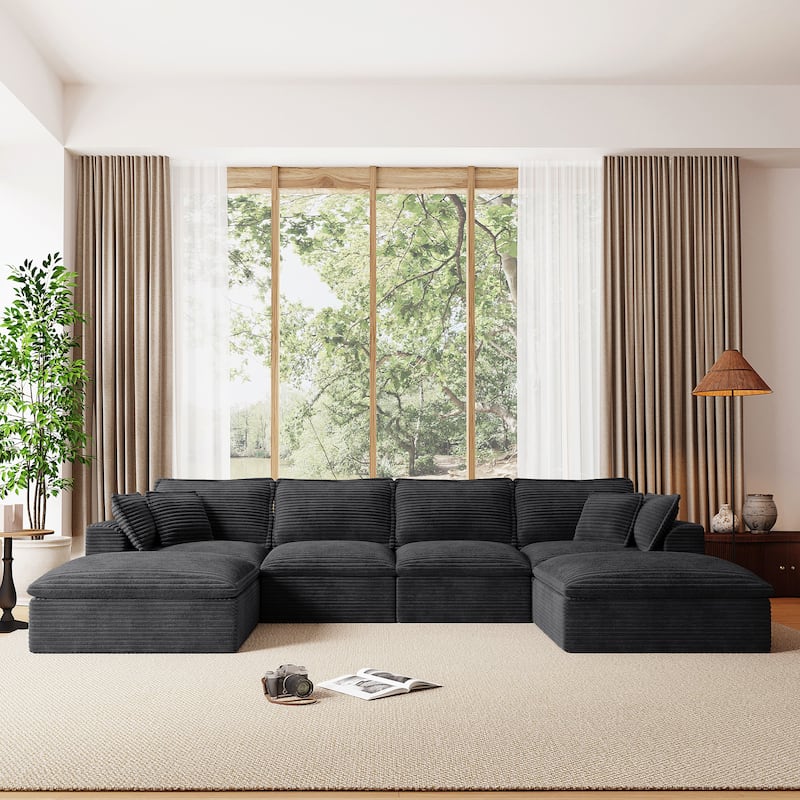 U Shaped Sectional Sofa, 142" Comfy Cloud Modular Sectional Couch with 2 Ottoman, 6 Seat Modular Sofas for Livingroom, Apartment - Black