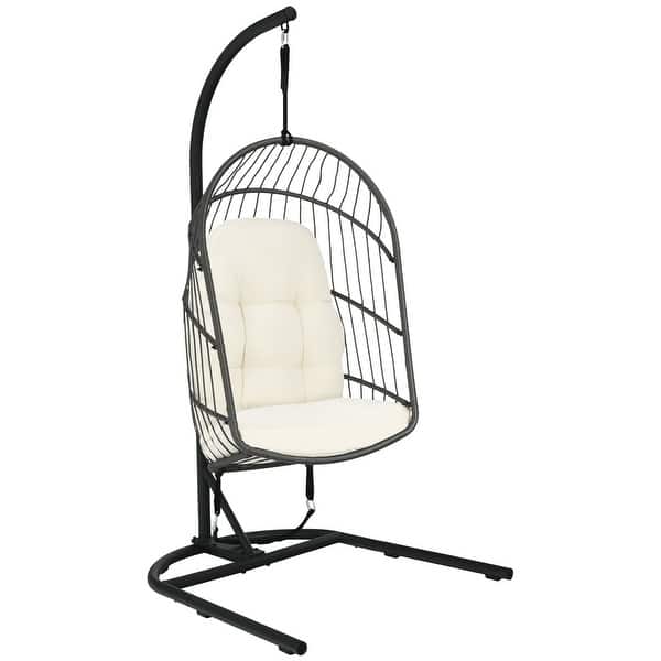 slide 2 of 18, Gymax Hanging Hammock Egg Chair Patio Rattan Swing Chair w/ Stand & Beige