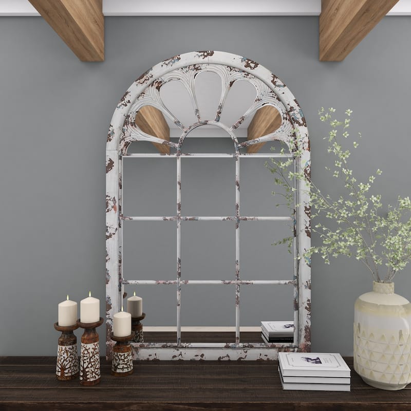 Metal Window Pane Inspired Wall Mirror with Arched Top - White - Roche River Decor
