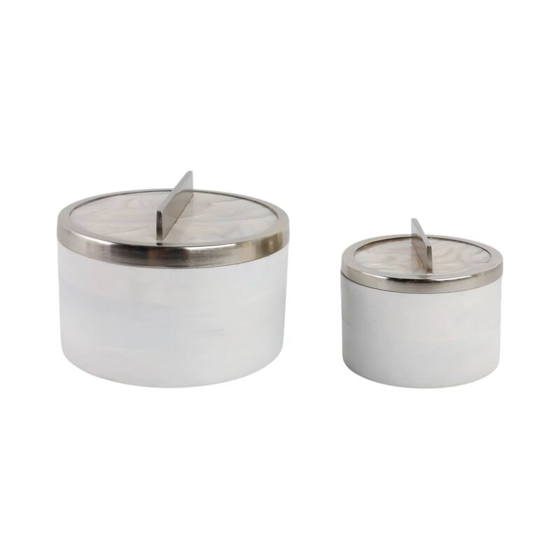 Elegant Round Decorative Box with Metal Lid - Set of 2, 7", 5", White - 7.0"