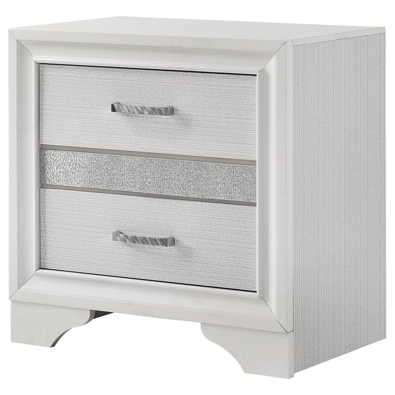 White 2-Drawer Nightstand with Hidden Jewelry Tray and Rhinestone Pull Handles