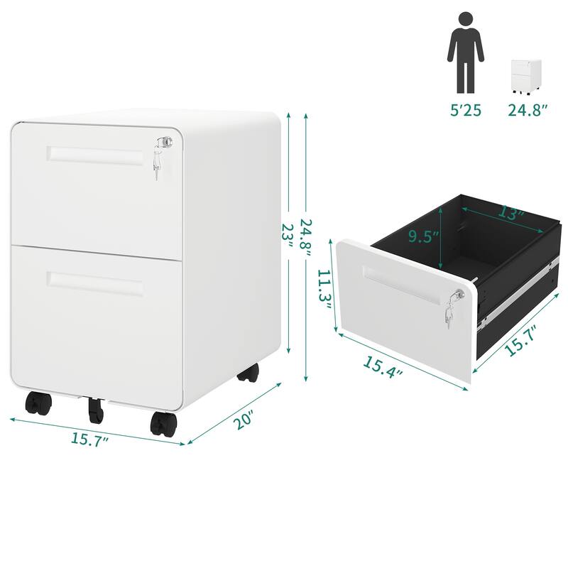 Modern 24.8" 2-drawer Rolling Locking Steel File Cabinet